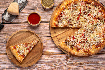 Food photography of pizza with Mozzarella, Cheddar  cheese, Parmesan, Chili, BBQ sauce, Pulled pork, Gourmet, Italian cuisine, Food, Rustic style