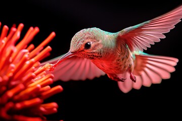 Fototapeta premium A close-up of a hummingbird drinking nectar from a bright red flower, its wings a blur of motion