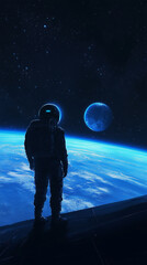 Mobile phone wallpaper:  astronaut gazing at the Earth from space, with dark blue and light cyan tones