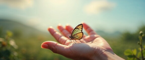 Hand releasing butterfly, open palm, spring grass background