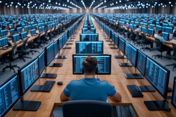 A coding bootcamp in progress, with rows of computers displaying lines of code and instructors walking around