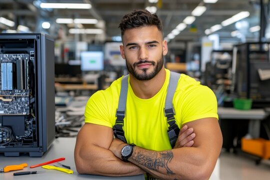 A computer repair technician carefully inspecting the components inside a desktop tower, with tools spread out nearby
