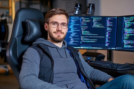 A computer programmer in a dimly lit workspace, with multiple monitors showing lines of colorful code