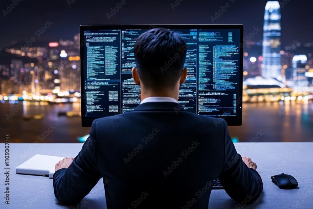 Poster A cybersecurity expert working on a computer with a dark interface, monitoring real-time data and alerts