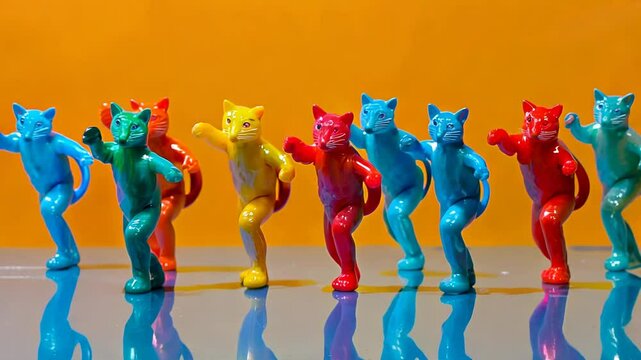 Plastic Colorful Cat Figurines Dancing in Sync.