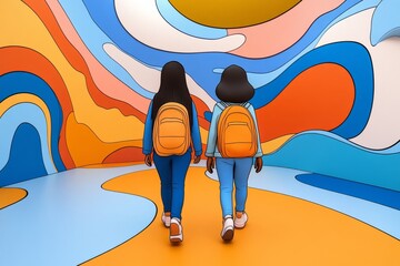A detailed 3D illustration of a couple walking through a colorful digital landscape filled with abstract shapes and textures