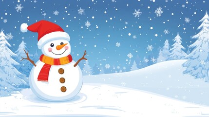 Fototapeta premium A cartoon snowman with a red hat and scarf waves cheerfully in a snowy landscape, surrounded by snowflakes falling from the sky, conveying joy and winter fun.