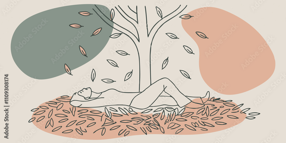 Aufkleber Cozy Nook A figure reclines on a soft bed of pine needles beneath a large tree. With their eyes closed they listen to the distant sound of birds chirping while surrounding them are