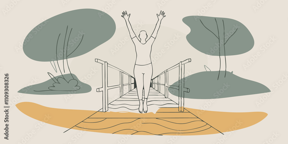 Poster Deep Breathing with Arm Stretch Standing on a wooden bridge that crosses a tranquil stream a person raises both arms overhead interlacing their fingers. They take a slow deep