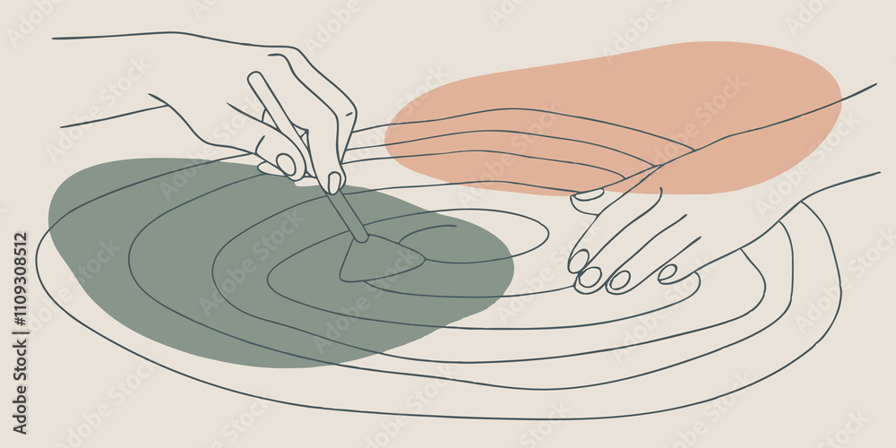 Aufkleber embracing the flow one hand extends down gently placing a flat stone a a swirling pattern in the san