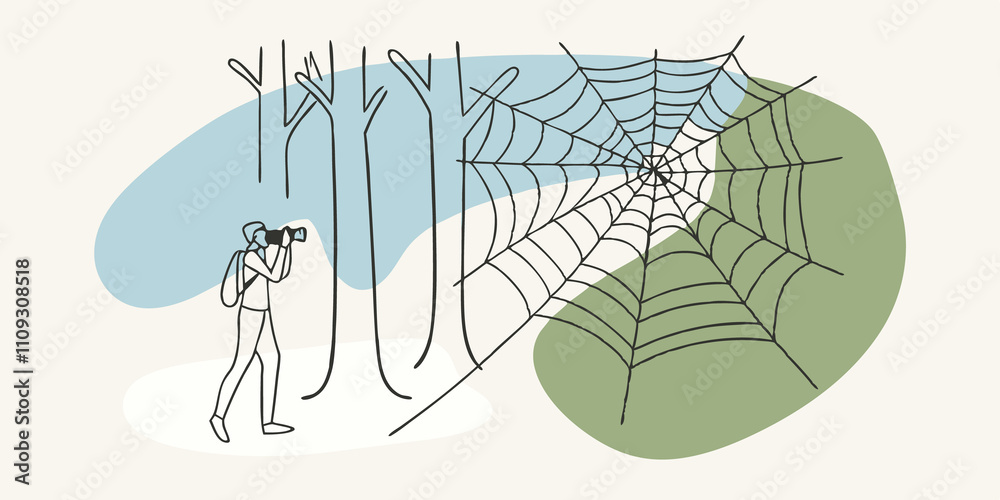 Poster Engaged with Nature A figure is strolling along a forest path old camera in hand stopping to marvel at a delicate spider web glistening with dew. Their attention is fully on the