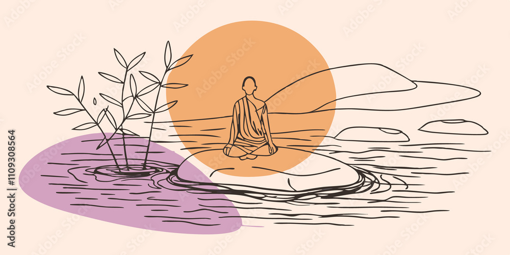 Aufkleber evening calm a person is positioned on a large flat rock at the edge of the river enveloped in the w