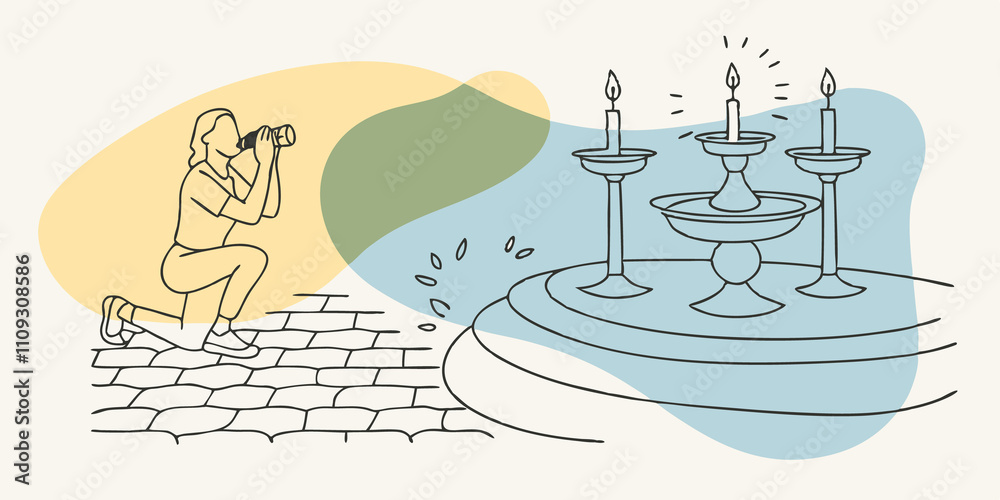 Poster Evening Harmony A person captures the beauty of the moment with a camera kneeling on the stone path next to the fountain. The surrounding candles illuminate their face while the