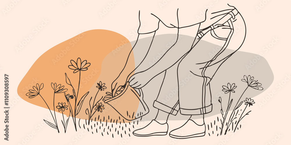 Poster Exploring a Meadow A person steps into a sunny clearing filled with wildflowers bending down to collect blooms and leaves of chamomile. They hold a small cloth bag in one hand