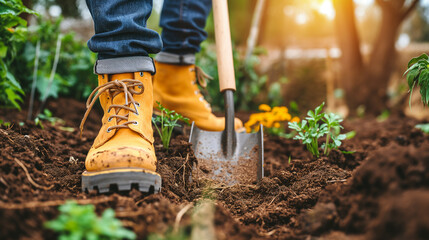 Fototapeta premium Man boot or shoe on spade prepare for digging. Farmer digs soil with shovel in garden