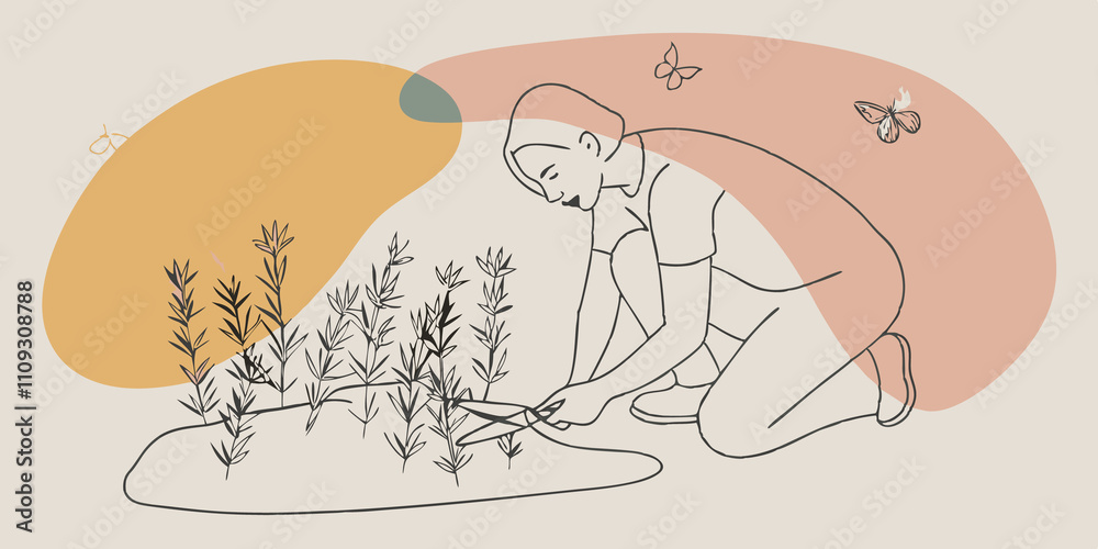 Poster Focused on Freshness With a focused expression an individual kneels beside a patch of thyme using a small pair of scissors to snip off sprigs. The surrounding garden is alive with