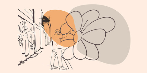 Fototapeta premium Finishing Touches The artist stands back for a moment assessing the mural from a distance. They reach down for a bright orange chalk piece ready to add finishing touches to the