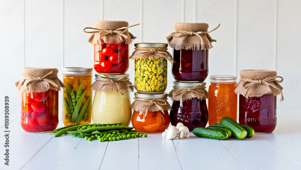 Poster row of arranged glass jars with various pickled vegetables and fruits. home canning. space for text