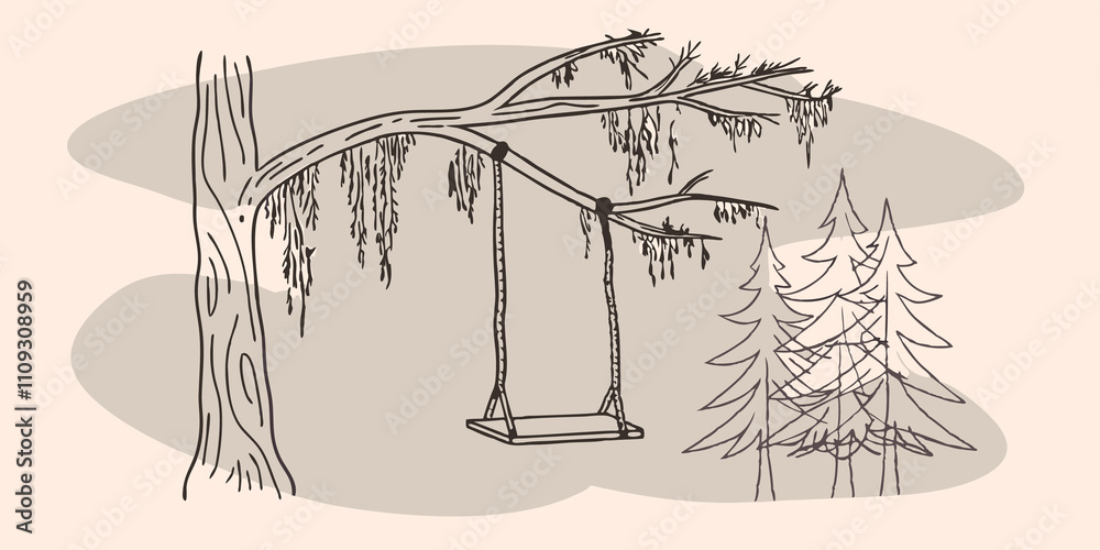 Poster Forest Serenity A simple wooden swing sways gently in a quiet glade suspended from a strong branch draped with hanging moss. The earthy scent of the forest surrounds the swing