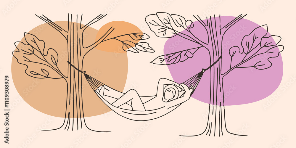 Poster Forest Serenity A cozy hammock is suspended between two tall oak trees leaves rustling gently in the breeze. A person lies back wearing a sun hat as sunlight filters through the