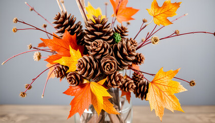 Fototapeta premium Autumn-inspired arrangement with pinecones and colorful leaves in a clear vase