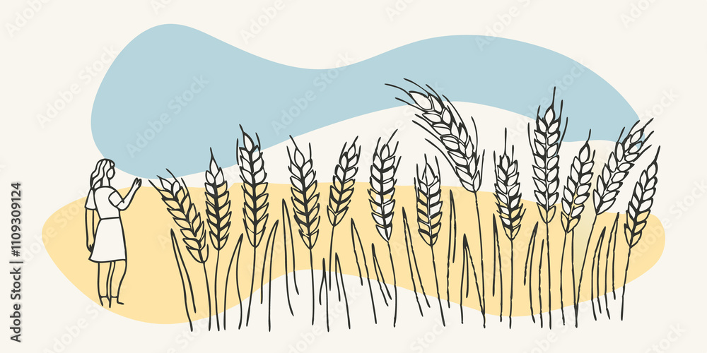 Poster Gentle Breeze The wheat field is filled with tall swaying stalks that dance in the breeze. The persons hair blows softly with the wind creating a serene atmosphere as they absorb