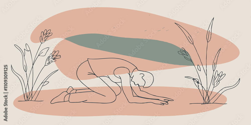 Poster Grounded Connection A person kneeling on the grass with one hand on the ground and the other resting on their heart displaying a moment of connection with nature surrounded by tall