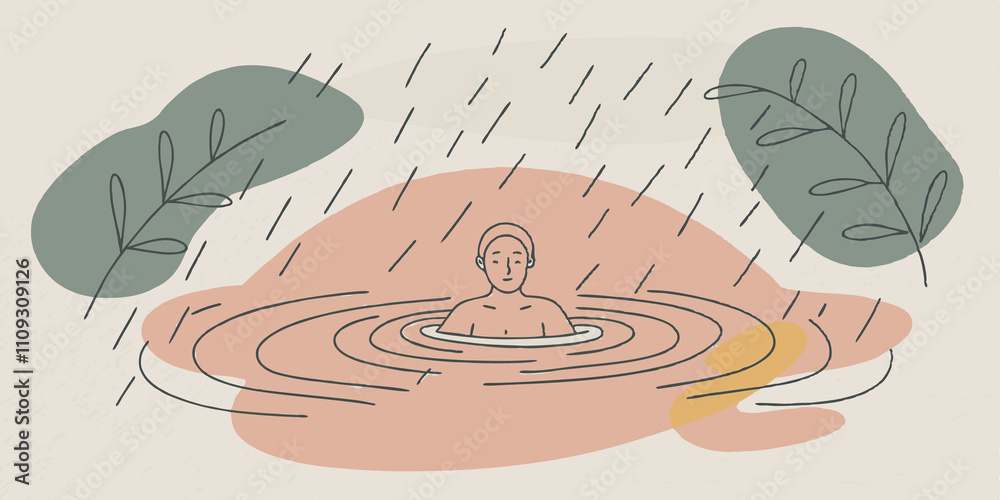 Aufkleber gentle rain picture a tranquil hot spring during a light ra. a person floats serenely the raindrops 