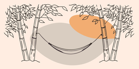 Hammock Viewpoint A cozy hammock gently swaying between two tall bamboo stalks with sunlight filtering through the dense green leaves above creating a dappled pattern on the