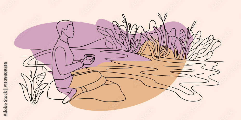 Poster instant relaxation kneeling by the edge of the stream a figure takes a moment to admire the scenery 