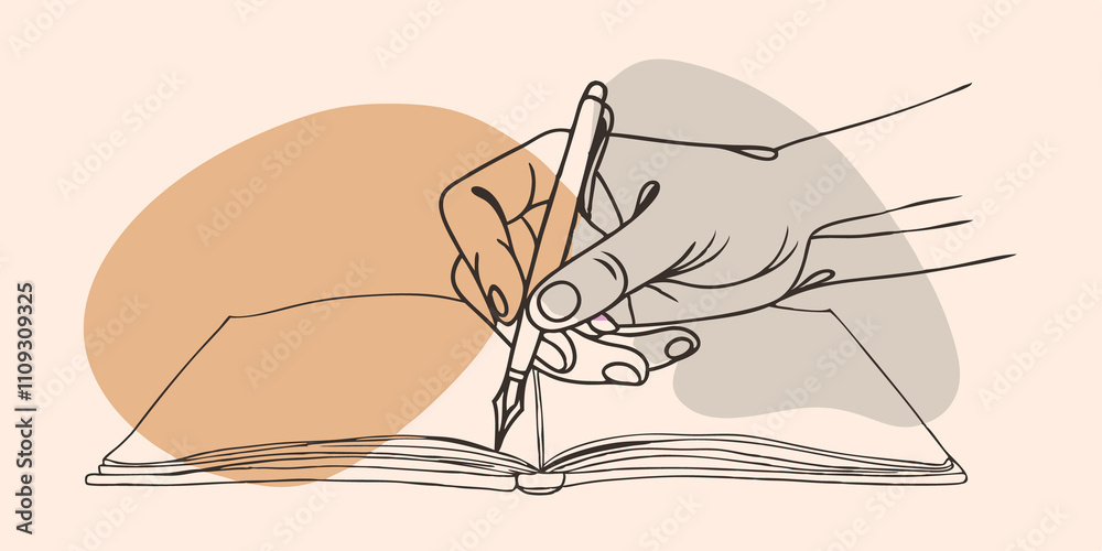 Poster Inspiration from Nature A closeup of the journalists hands gripping a fountain pen with a few ink blots dotting the page. In the background glistening droplets from the fountain