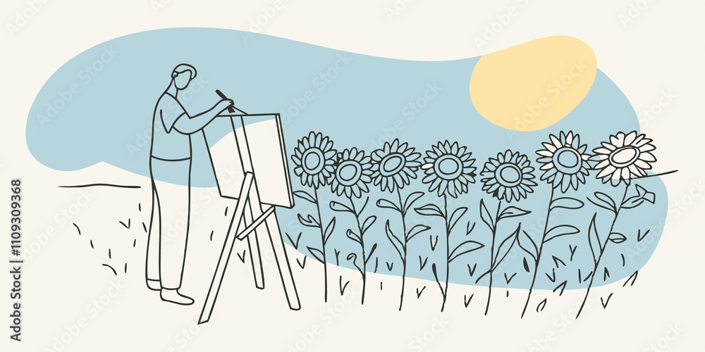 Poster joyful scene a wide shot capturing the entire scenethe artist the easel and the overwhelming field o