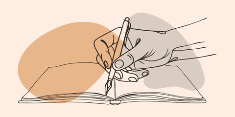 Obraz premium Inspiration from Nature A closeup of the journalists hands gripping a fountain pen with a few ink blots dotting the page. In the background glistening droplets from the fountain