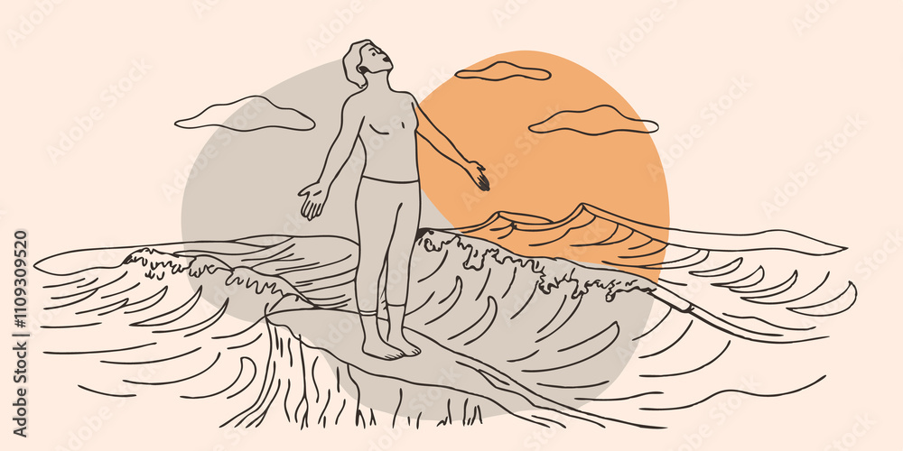 Poster Meditative Pause In a serene moment the person closes their eyes while standing tall in a mountain pose breathing deeply. The sound of crashing waves and the salty scent of the