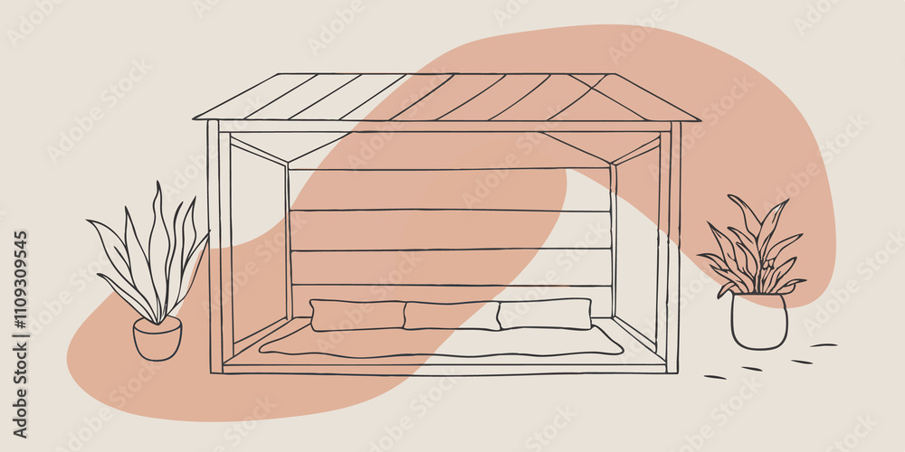 Poster Meditative Space Visualize a small sunlit nook in the cabin fitted with cushions and soft mats for meditation or yoga. Surrounding it are potted plants that add life and serenity