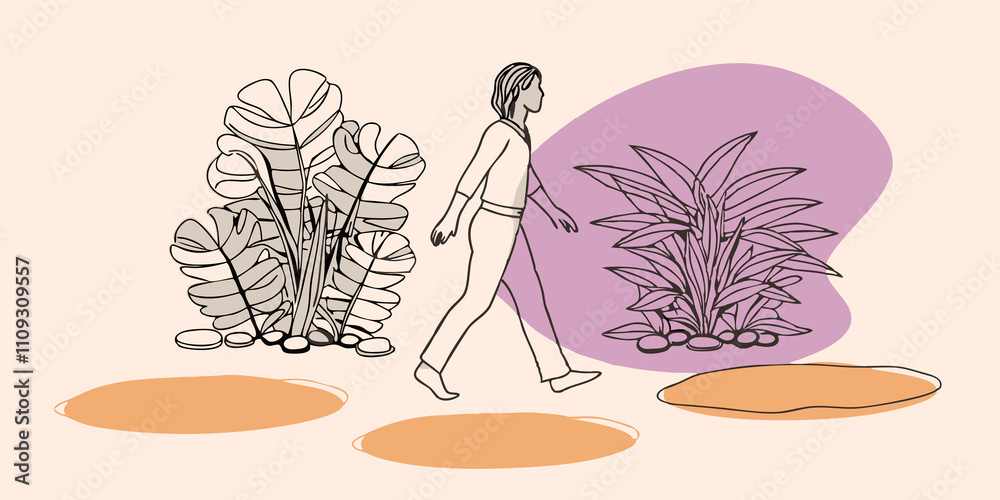 Poster Mindful Journey A person is depicted in profile walking with arms relaxed at their sides. Their focus is on the ground surrounded by lush green foliage with the pebbles creating a
