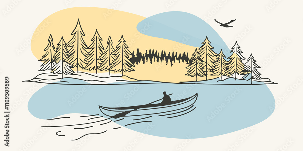 Aufkleber mirror image in the early morning light the canoe glides effortlessly across the lake creating a gen