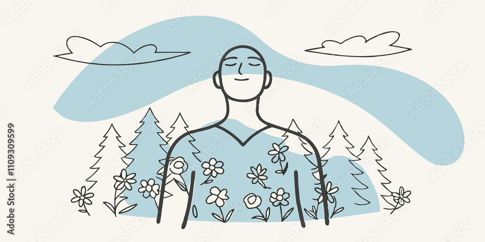 Poster mindful pause the individual is depicted standing still in a clearing with wildflowers blooming at t