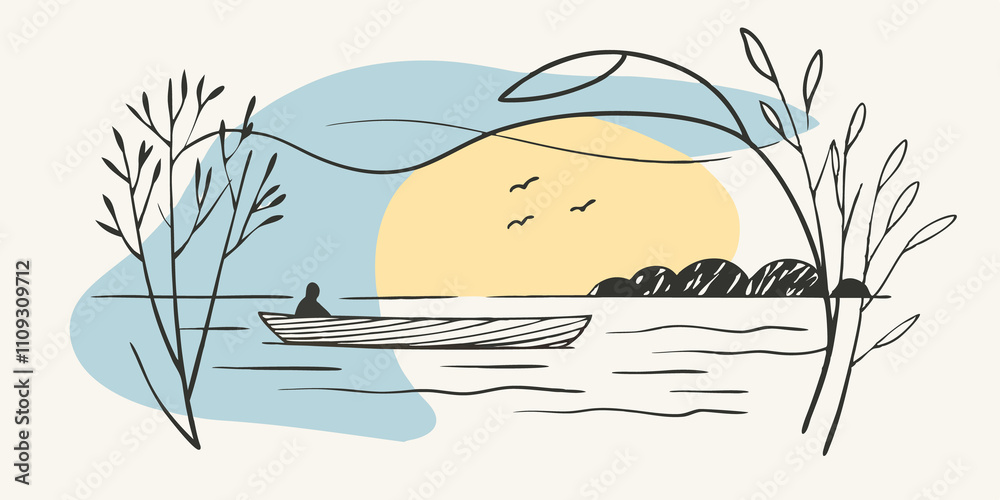 Poster morning mist the boat sails gently through a thin veil of morning mist hovering above the lake. the 
