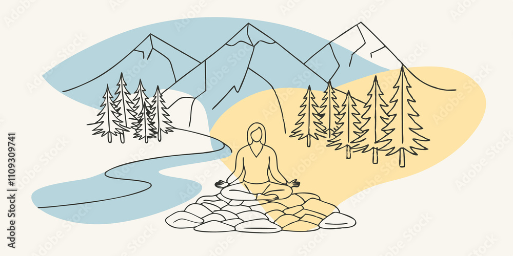 Poster Mountain Mediation A figure sits in a meditative pose amid a tering of smooth stones. Surrounding them are towering pines and jagged mountain peaks while the soft murmur of a