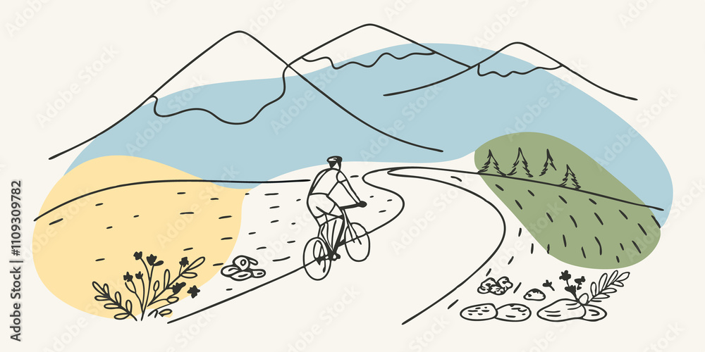 Poster mountain view a lone cyclist ascends a gentle incline with towering mountains in the background. the