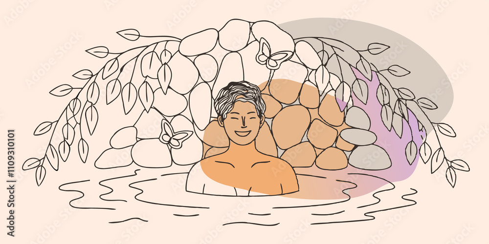Poster Natures Embrace A person relaxes in a hot spring nestled between rugged rocks sunlight filtering through the leaves of overhanging trees. They are smiling and enjoying the warm