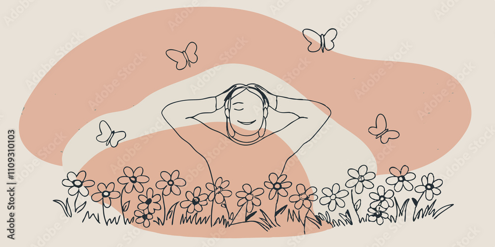 Poster Natures Embrace A person leans back on their hands in a flowerfilled field a gentle smile on their face. Fluttering butterflies glide gracefully just above the flowers creating a