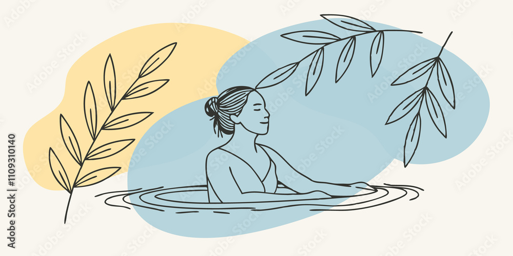 Aufkleber Natures Embrace A woman sits on a flat rock enveloped by lush greenery. Sunlight filters through the leaves above casting soft patterns on her face. She leans slightly forward her