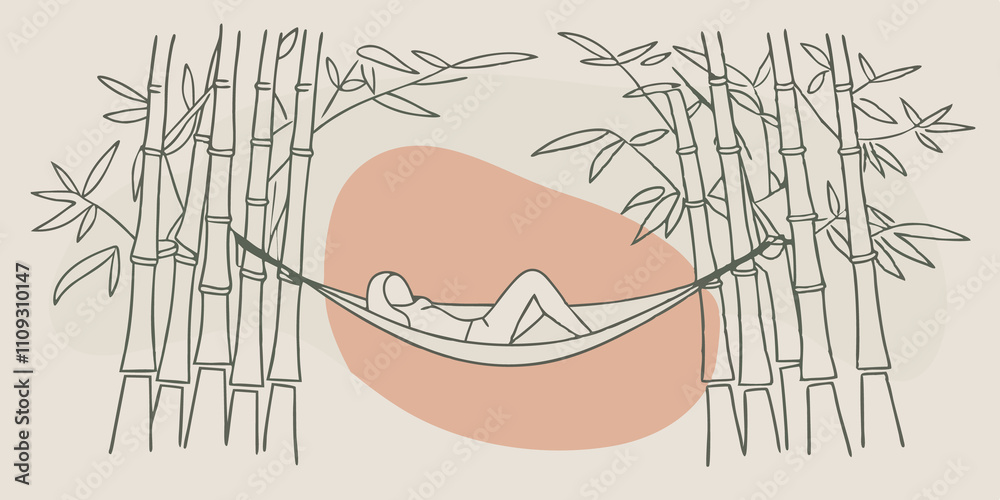 Poster Natures Embrace A person lounging on a comfortable hammock surrounded by a lush bamboo grove. The vibrant green bamboo forms a natural enclosure enhancing the serene atmosphere.