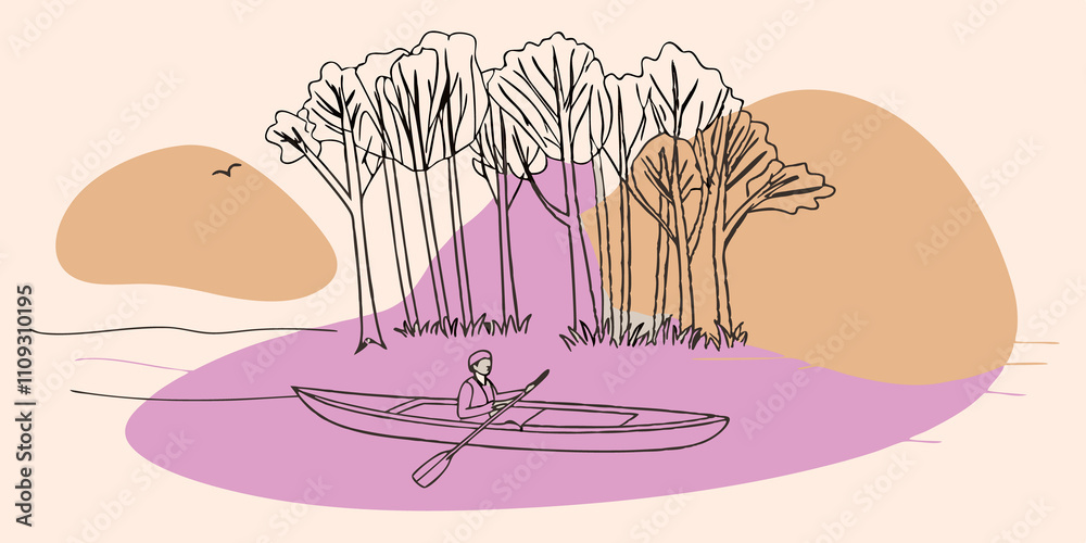 Poster Natures Embrace Towering trees line the shore their silhouettes dark against the colorful sky. The kayaker feels a deep connection to nature surrounded by the soft chirps of