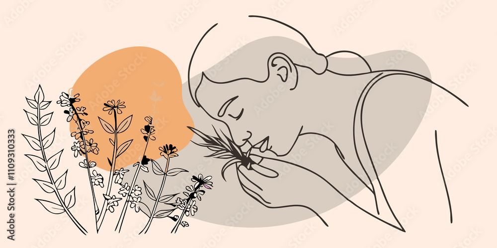 Poster Natures Scents In a serene garden space a person leans down bringing a handful of rosemary close to their nose inhaling its aromatic scent. The sun sets in the background casting a