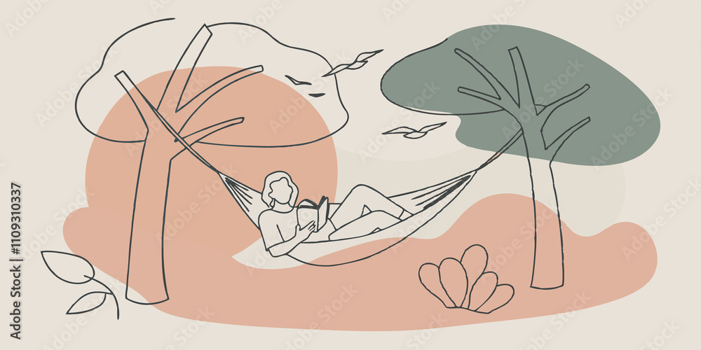 Poster Natures Soundtrack The illustration includes birds perched on nearby branches chirping softly in the background. The hammock sways with a rhythmic motion as the person delights in