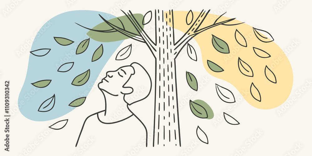Poster natures symphony an individual leans against a tree eyes closed with a serene expression as they lis