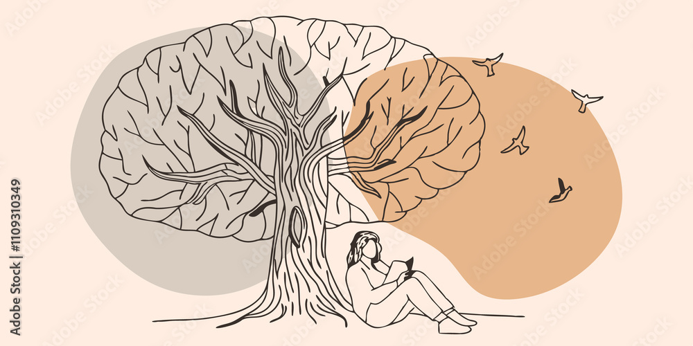Poster Natures Orchestra Surrounded by the sounds of chirping birds and rustling leaves the individual sits beneath a large oak tree with their back against the trunk. They close their